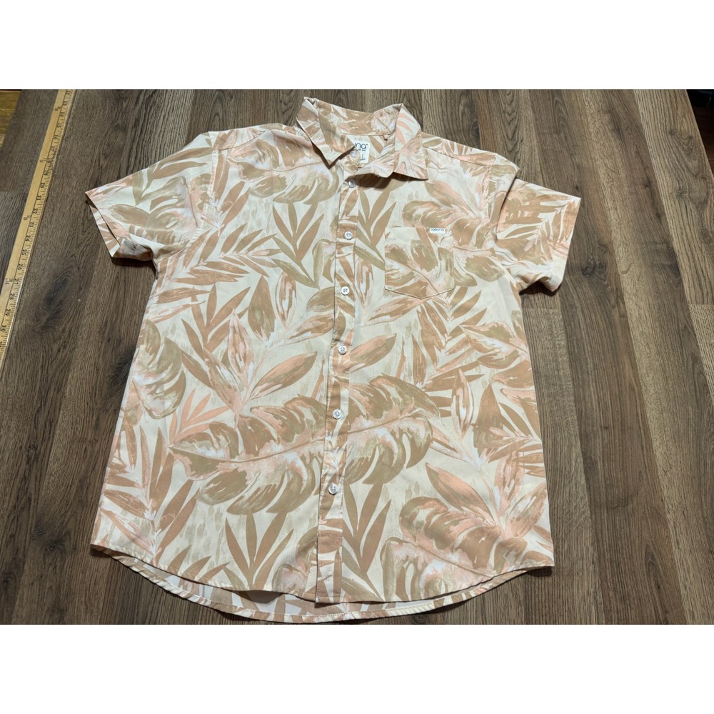 Laguna Shirt Mens Size L Tan Floral Button Up Tropical Leaf Print Short Sleeve